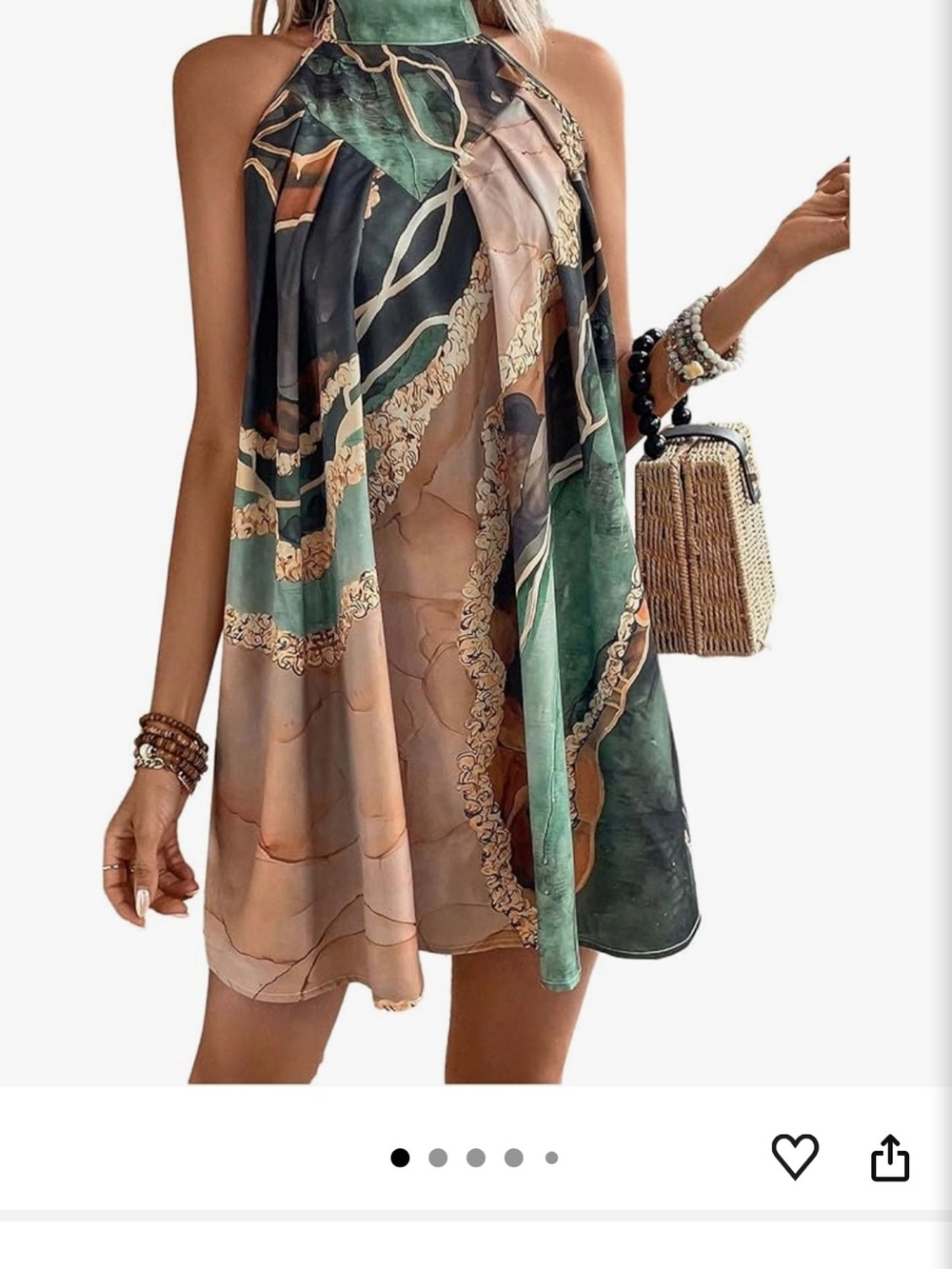 Boho Halter Mini Dress in Green & Beige